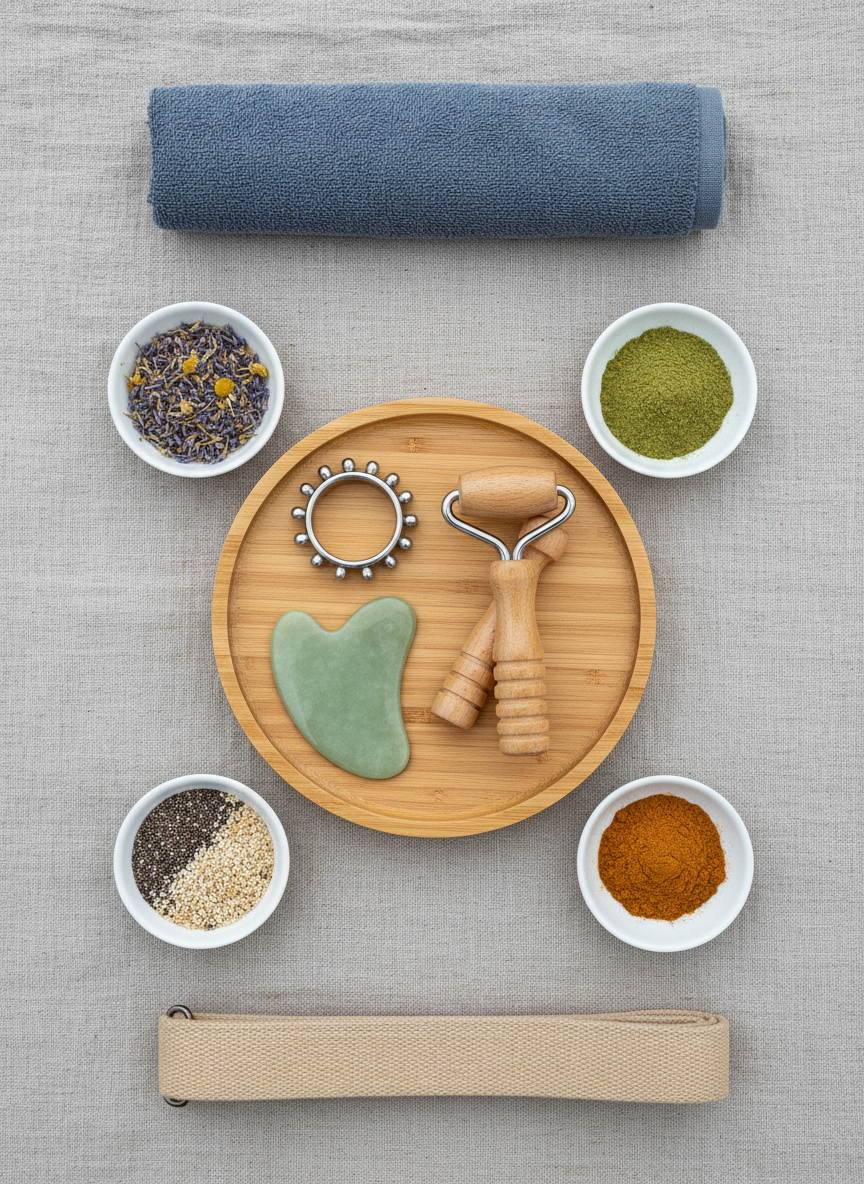 A close, photographic top-down view of an acupressure and self-care kit arranged with meticulous precision on a natural linen cloth. At the center rests a circular wooden tray holding a spiked acupressure ring, a smooth jade gua sha tool, and a pair of polished wooden massage rollers. Surrounding the tray are small white ceramic dishes with colorful dried flowers, seeds, and powdered herbs used in naturopathic remedies. A folded, slate-blue hand towel and a simple sand-colored yoga strap border the scene, creating a subtle frame. Soft overcast daylight comes from above, evenly illuminating every detail without harsh shadows. The mood is calm, instructional, and methodical, ideal for illustrating self-guided wellness training. Composition follows a balanced, symmetrical layout, emphasizing order, cleanliness, and holistic care.