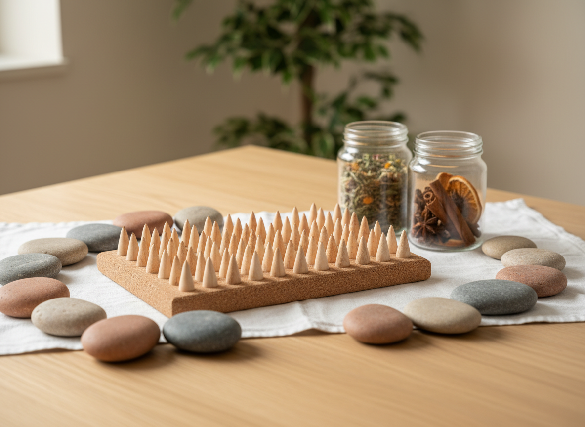 A close-up, photographic view of a natural acupressure and reflexology setup on a smooth, light oak tabletop. Centered is a textured cork acupressure board with raised wooden points, flanked by smooth river stones arranged in a gentle curve. Nearby, open glass jars reveal dried Ayurvedic herbs and whole spices, their earthy greens and warm browns contrasting with a crisp white cotton cloth underneath. Diffused daylight from the left creates soft highlights on the wooden points and subtle shadows between the stones. The background gently blurs into a minimalist, pale beige wall and a leafy indoor plant, emphasizing a professional, evidence-informed naturopathy environment. Shot from a slightly elevated angle with clean, modern composition, the mood is calm, precise, and health-focused.
