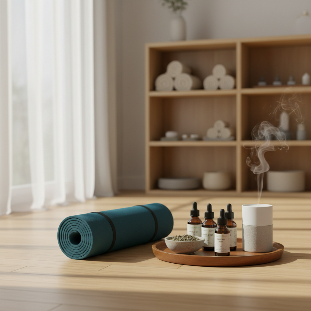 A serene wellness studio interior centered around a neatly rolled, deep teal yoga mat on smooth, pale bamboo flooring. Beside it rests a polished wooden tray holding amber glass bottles of herbal oils, a small bowl of dried medicinal herbs, and a simple white ceramic diffuser emitting a delicate mist. In the background, open shelving displays neatly folded natural-fiber towels and stone acupressure tools, softly blurred. Gentle morning light filters through sheer off-white curtains from a large unseen window, casting calm, elongated shadows. Photographic realism at eye level with a subtle shallow depth of field, professional and uncluttered, evoking holistic wellness through naturopathy, yoga, and acupressure in a peaceful, clinical-yet-inviting setting.