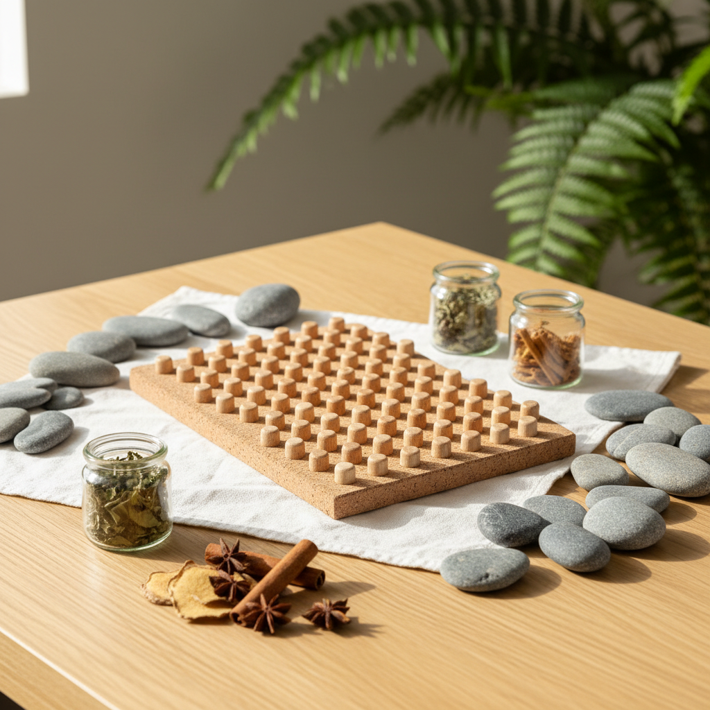 A close-up, photographic view of a natural acupressure and reflexology setup on a smooth, light oak tabletop. Centered is a textured cork acupressure board with raised wooden points, flanked by smooth river stones arranged in a gentle curve. Nearby, open glass jars reveal dried Ayurvedic herbs and whole spices, their earthy greens and warm browns contrasting with a crisp white cotton cloth underneath. Diffused daylight from the left creates soft highlights on the wooden points and subtle shadows between the stones. The background gently blurs into a minimalist, pale beige wall and a leafy indoor plant, emphasizing a professional, evidence-informed naturopathy environment. Shot from a slightly elevated angle with clean, modern composition, the mood is calm, precise, and health-focused.