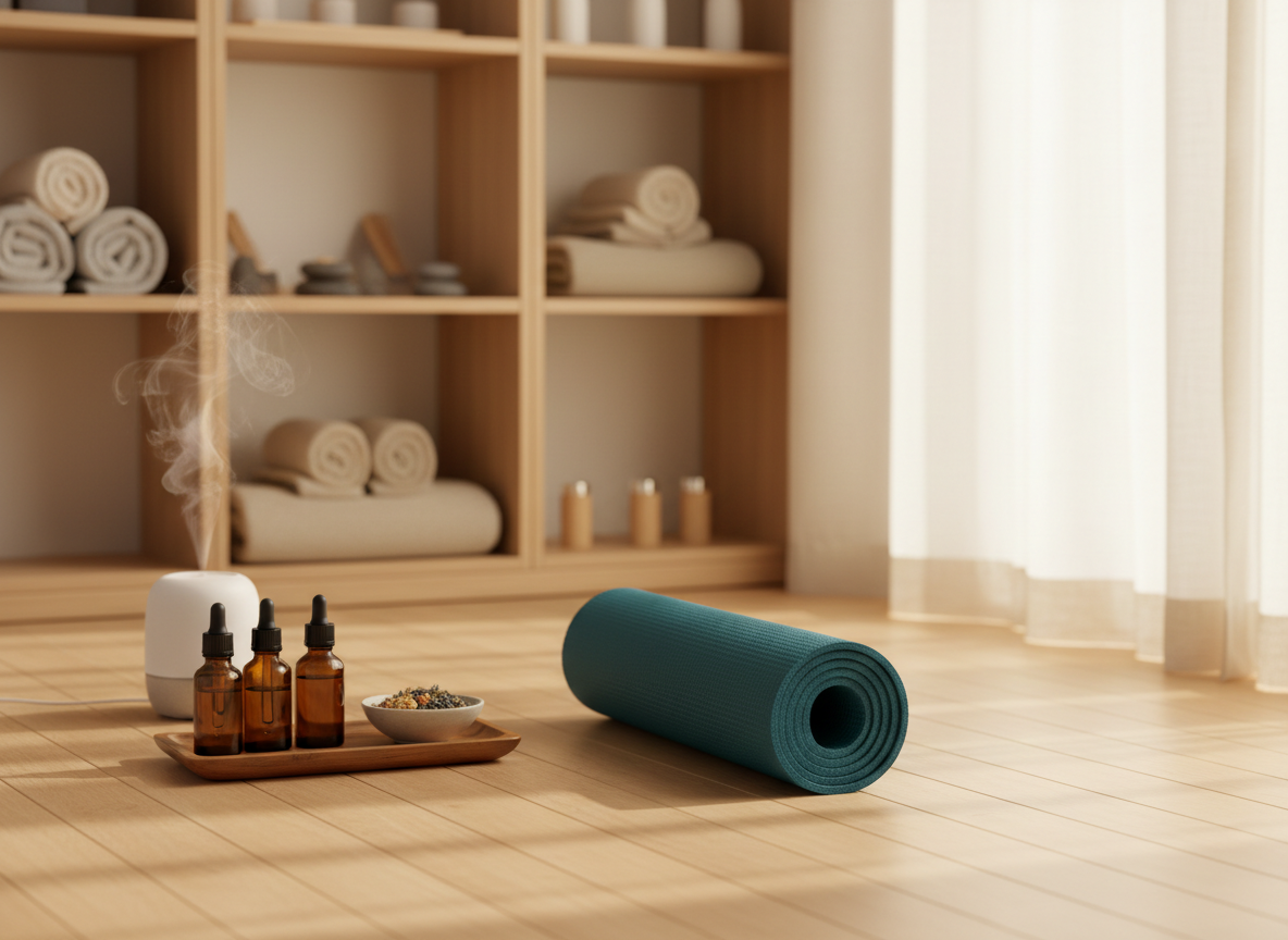 A serene wellness studio interior centered around a neatly rolled, deep teal yoga mat on smooth, pale bamboo flooring. Beside it rests a polished wooden tray holding amber glass bottles of herbal oils, a small bowl of dried medicinal herbs, and a simple white ceramic diffuser emitting a delicate mist. In the background, open shelving displays neatly folded natural-fiber towels and stone acupressure tools, softly blurred. Gentle morning light filters through sheer off-white curtains from a large unseen window, casting calm, elongated shadows. Photographic realism at eye level with a subtle shallow depth of field, professional and uncluttered, evoking holistic wellness through naturopathy, yoga, and acupressure in a peaceful, clinical-yet-inviting setting.