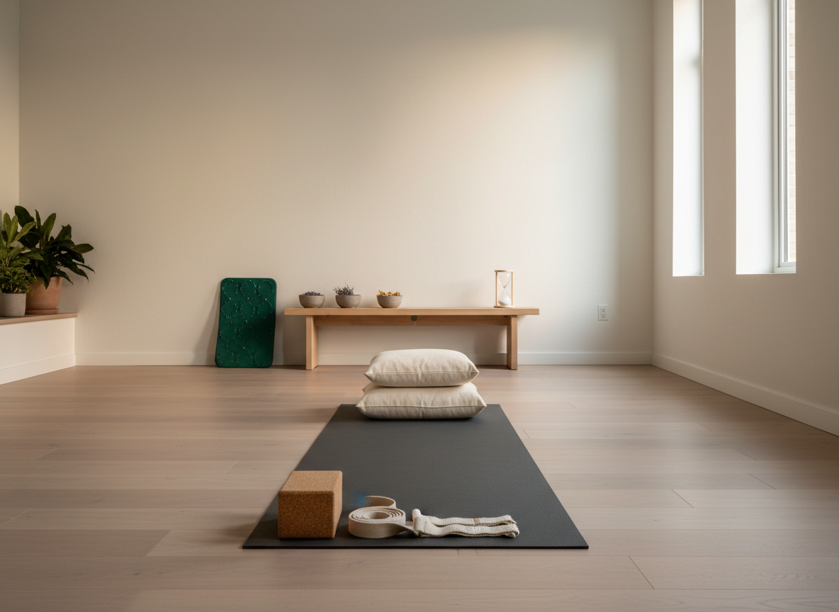 A wide, photographic shot of a minimalist yoga and meditation space designed for therapeutic wellness guidance. A long charcoal-gray yoga mat lies perfectly aligned on matte, light-ash flooring, with a firm cork yoga block, organic cotton strap, and neatly stacked bolsters arranged at its top edge. Against the far wall, a low wooden bench supports small ceramic bowls of dried herbs, a rolled acupressure mat, and a simple sand timer. Soft, indirect afternoon light enters from tall windows on the right, creating a gentle gradient of brightness across the room. The mood is structured yet tranquil, capturing a professional, clinic-adjacent yoga therapy setting. Composed using the rule of thirds at eye level, with sharp focus throughout, the image feels spacious, orderly, and conducive to guided practice.