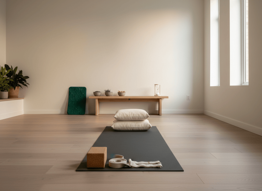 A wide, photographic shot of a minimalist yoga and meditation space designed for therapeutic wellness guidance. A long charcoal-gray yoga mat lies perfectly aligned on matte, light-ash flooring, with a firm cork yoga block, organic cotton strap, and neatly stacked bolsters arranged at its top edge. Against the far wall, a low wooden bench supports small ceramic bowls of dried herbs, a rolled acupressure mat, and a simple sand timer. Soft, indirect afternoon light enters from tall windows on the right, creating a gentle gradient of brightness across the room. The mood is structured yet tranquil, capturing a professional, clinic-adjacent yoga therapy setting. Composed using the rule of thirds at eye level, with sharp focus throughout, the image feels spacious, orderly, and conducive to guided practice.