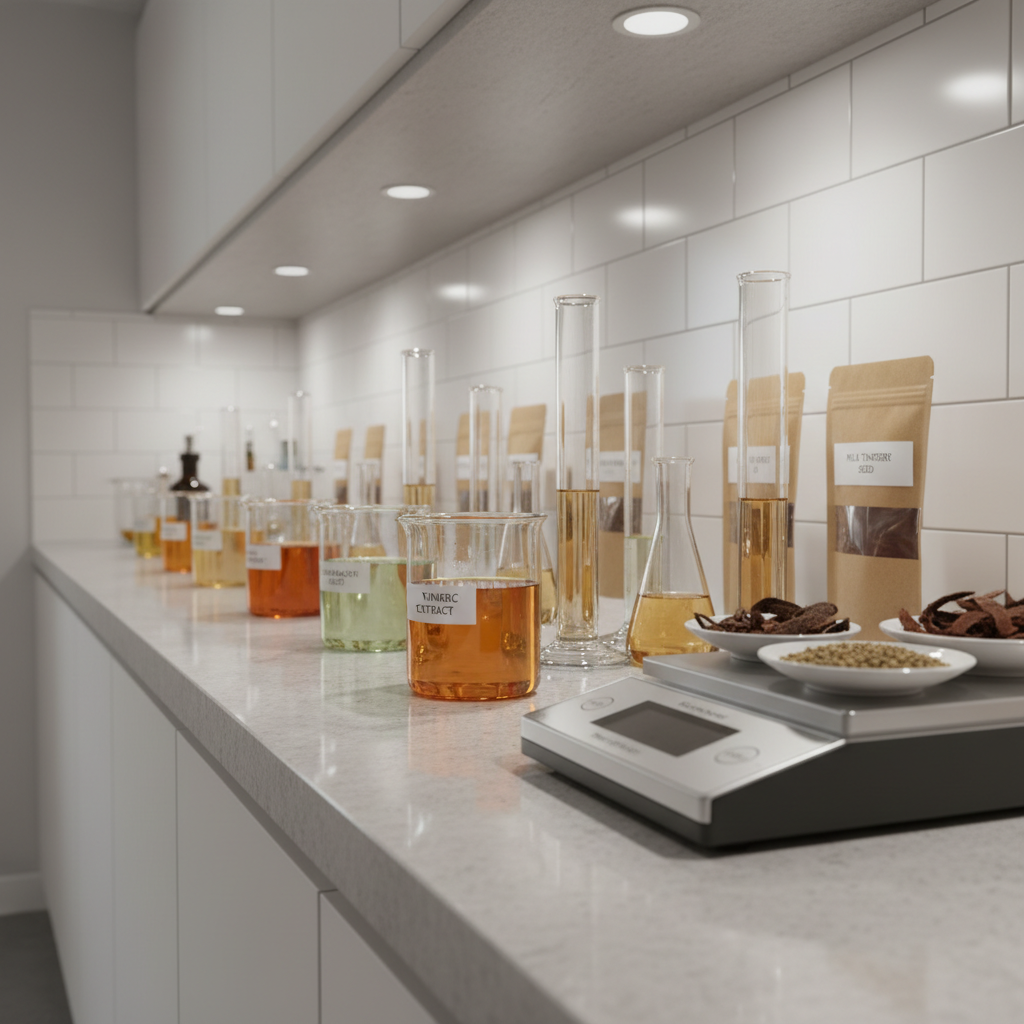 A niche, photographic depiction of a naturopathy-focused herbal preparation area, tailored for educational wellness content. On a long, light stone counter sit clear glass beakers and measuring cylinders partially filled with translucent herbal infusions in gradients of amber and pale green. Nearby, a digital scale holds a small dish of precisely weighed dried bark and seeds. Labeled brown paper packets of medicinal plants stand upright along a white tiled backsplash. Overhead, bright but diffused task lighting creates clean reflections on the glass and subtle shadows beneath containers, emphasizing clinical precision. The camera is positioned at a slightly low, side angle, leading the eye along the counter’s length. The atmosphere is professional, research-oriented, and trustworthy, showing the scientific side of naturopathy within a clean, modern wellness facility.