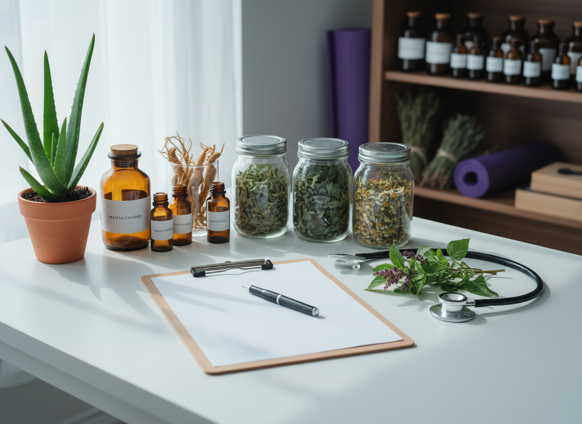 A detailed, photographic scene of a naturopathy consultation corner without any people, focusing on tools of the wellness practice. On a clean white desk lies an open, blank clipboard with a fine-line pen, surrounded by neatly arranged amber medicine bottles, labeled glass jars filled with dried roots and leaves, and a stethoscope coiled beside a sprig of fresh tulsi. A small, potted medicinal plant with vibrant green leaves sits near the edge. Cool, balanced daylight from a nearby window illuminates the surface, creating crisp but gentle shadows and highlighting the textures of paper, glass, and foliage. The background shows softly blurred shelves with more herbal preparations and yoga props, suggesting integrated care. The composition is centered and professional, evoking trust, clarity, and holistic health planning.